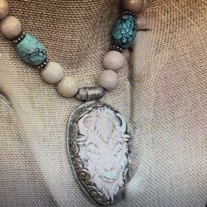 Tibetan Silver Carved from Bone Buffalo Pendant w/ turquoise & beige beads